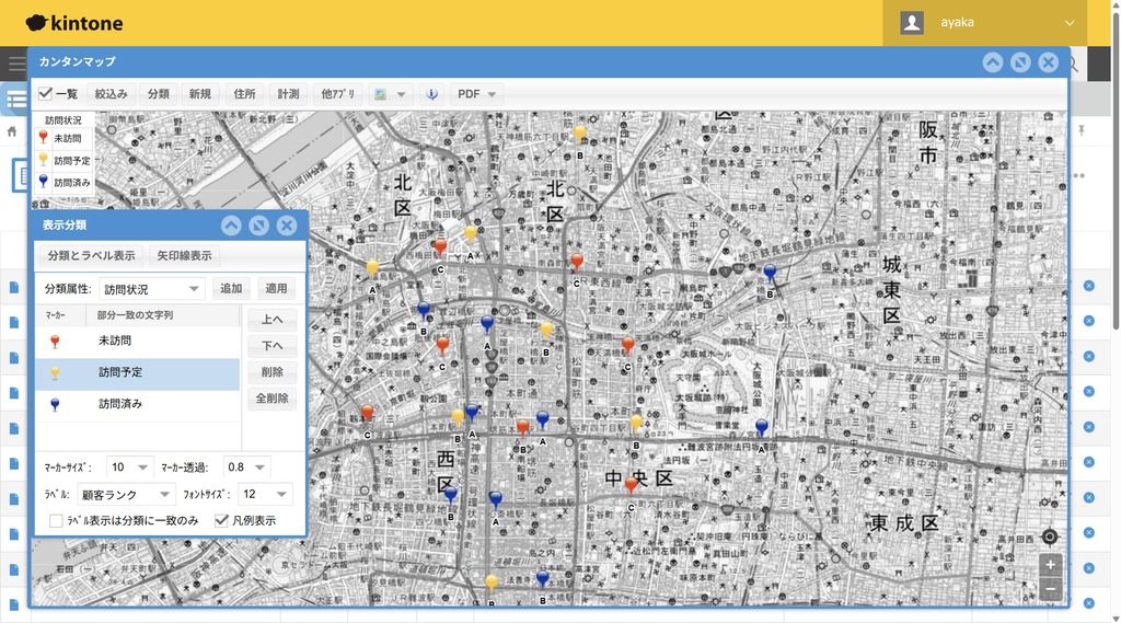 カンタンマップでkintoneの顧客情報を地図上にピン表示した画面